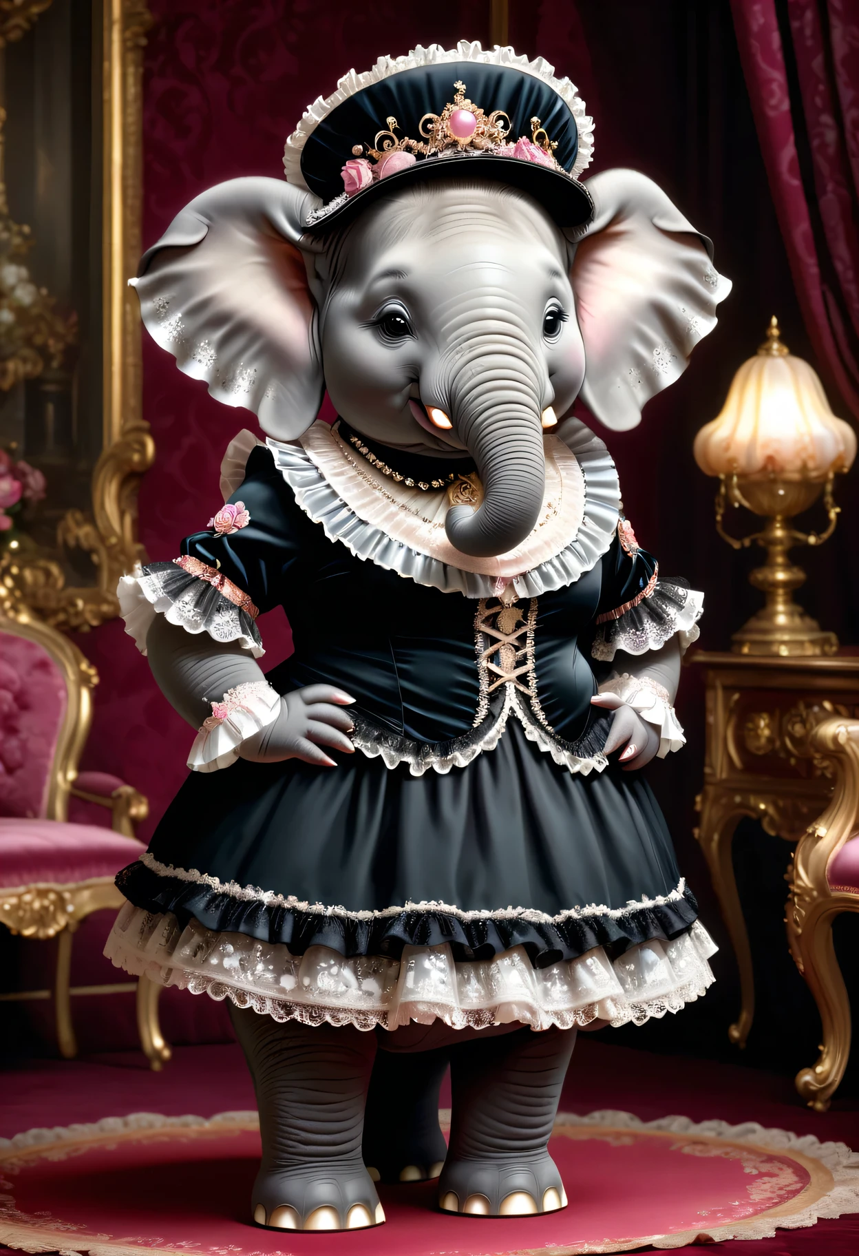  photorealistic portrait of Dressed animals-a ((fat)) (( elephant)) princess,(furry), (elegant pose:1.5), (hands on hips:1.5),(smile:1.5),high quality,(),(lovely) ,intricate details, Wearing Gothic & Lolita dress , ( brim on head), highly detailed ((dress with  frills and ribbon)) ,highly detailed accessories, high sox , (happy), soft lighting,(full body image:2.0),in  Rococo style room background,,score_9, score_8_up, score_7_up, score_6_up, score_5_up, score_4_up,