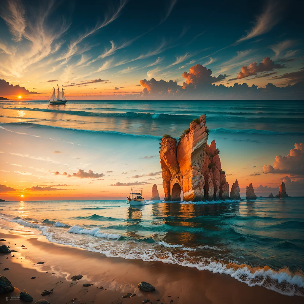 (Winner of the award for best photography of the year, the scene captures with extreme clarity,
color and texture) a Turquoise Coast of Baja California, capturing the essence of a serene Mexican Panga boat
anchored in the golden sand of a picturesque beach. The boat's awning extends across the side view,
while fishing rods and palapas dot the landscape. Rock formations rise from the shore, with people scattered,
blending harmoniously in the distance. (((Soft pinkish-orange tones blend with the sky))),
reminiscent of the magic hour when the sun hides behind the horizon.
The rule of thirds composition places the ship at the intersection of two diagonals,
drawing the viewer's attention to the tranquil scene. The brushwork is textured and realistic,
evoking the style of artists such as Aytek Cetin, Max Rive, Tanmay Sapkal, Andrea Zappia and Daniel Gerhartz.