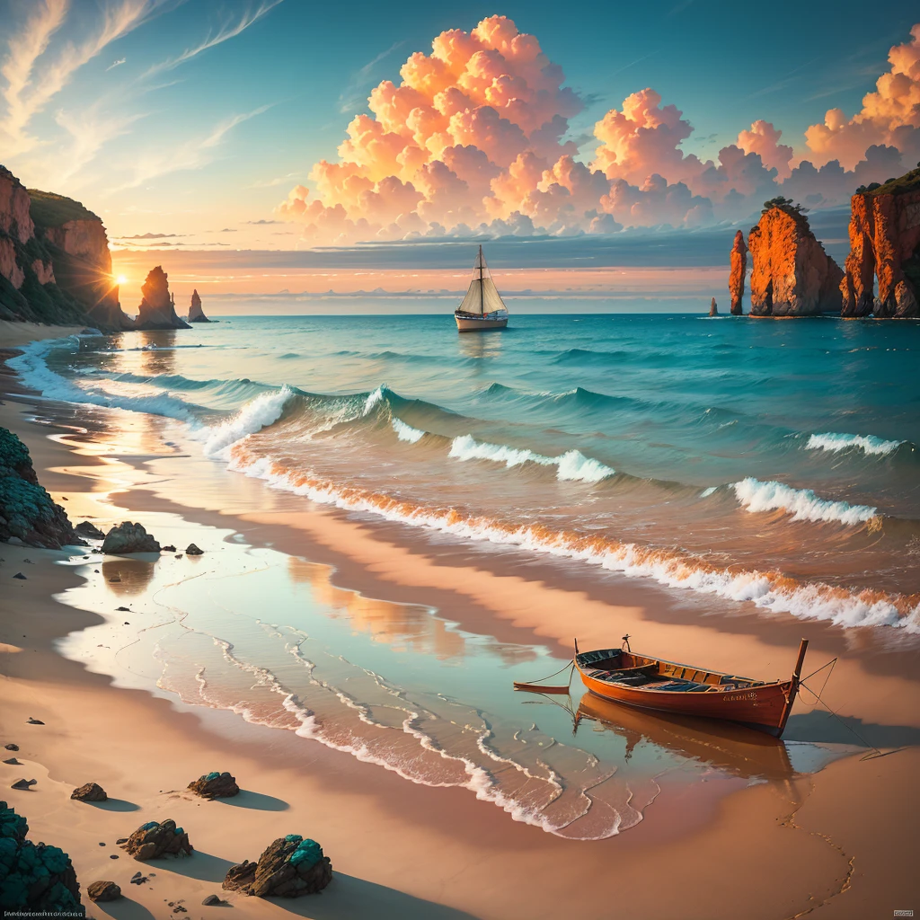 (Winner of the award for best photography of the year, the scene captures with extreme clarity,
color and texture) a Turquoise Coast of Baja California, capturing the essence of a serene Mexican Panga boat
anchored in the golden sand of a picturesque beach. The boat's awning extends across the side view,
while fishing rods and palapas dot the landscape. Rock formations rise from the shore, with people scattered,
blending harmoniously in the distance. (((Soft pinkish-orange tones blend with the sky))),
reminiscent of the magic hour when the sun hides behind the horizon.
The rule of thirds composition places the ship at the intersection of two diagonals,
drawing the viewer's attention to the tranquil scene. The brushwork is textured and realistic,
evoking the style of artists such as Aytek Cetin, Max Rive, Tanmay Sapkal, Andrea Zappia and Daniel Gerhartz.