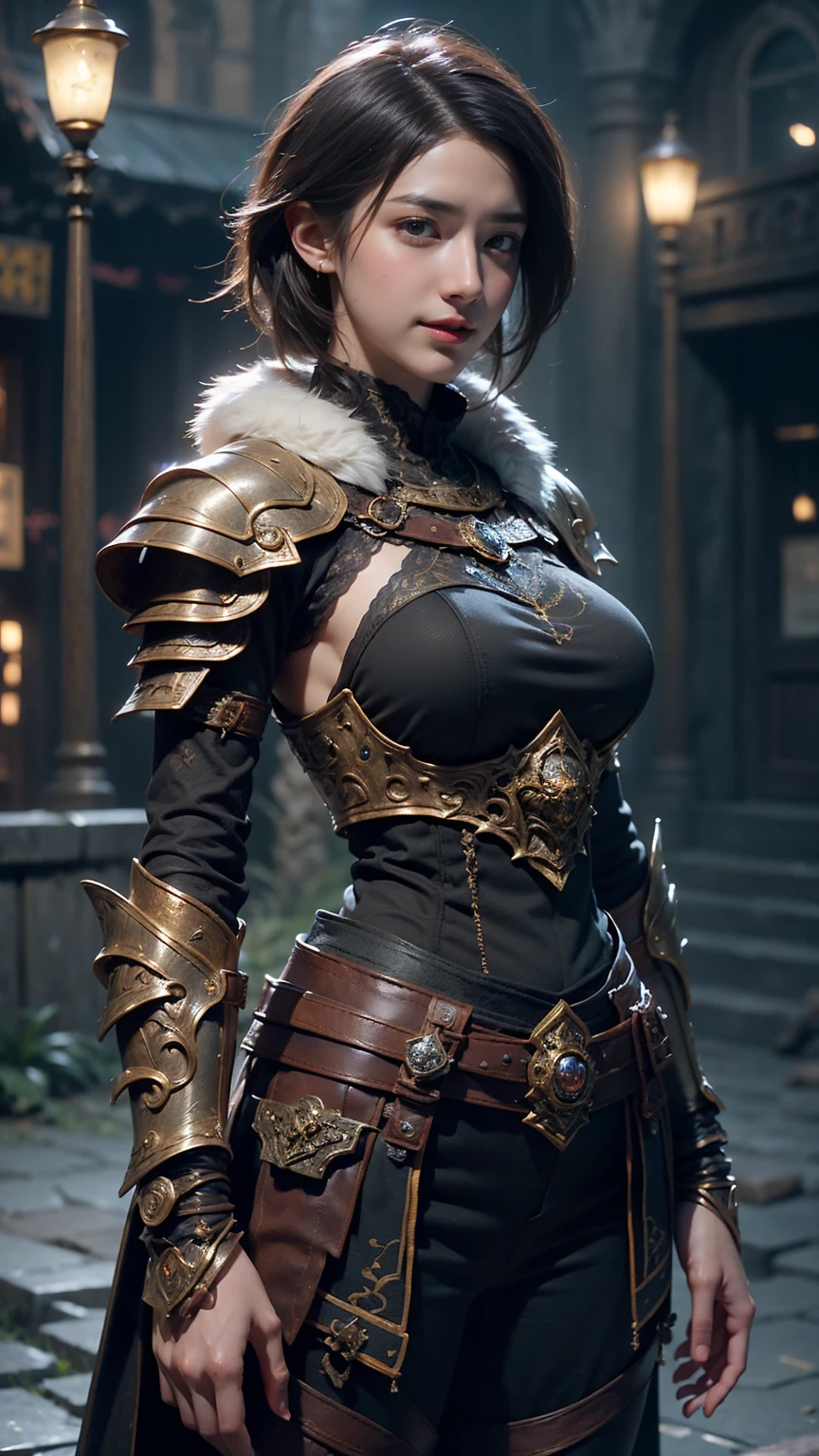 ((Front facing)), Game art，The best picture quality，Highest resolution，32K，(A bust photograph)，(Portrait)，(Head close-up)，(Rule of thirds)，Unreal Engine 5 rendering works， (The Girl of the Future)，(Female Warrior)， 20-year-old girl，sexy,  elegant smile, short hair, ((Hunter, Marshal gunslinger))，An eye rich in detail，(Big breasts)，Elegant and noble，indifferent，brave， （Medieval-style fur combat clothing, sexy lace top，Glowing magic lines，Animal skin clothing with rich detailedieval Lady Knight，Medieval ranger， photo poses，simple background，Movie lights，Ray tracing，Game CG，((3D Unreal Engine))，OC rendering reflection pattern