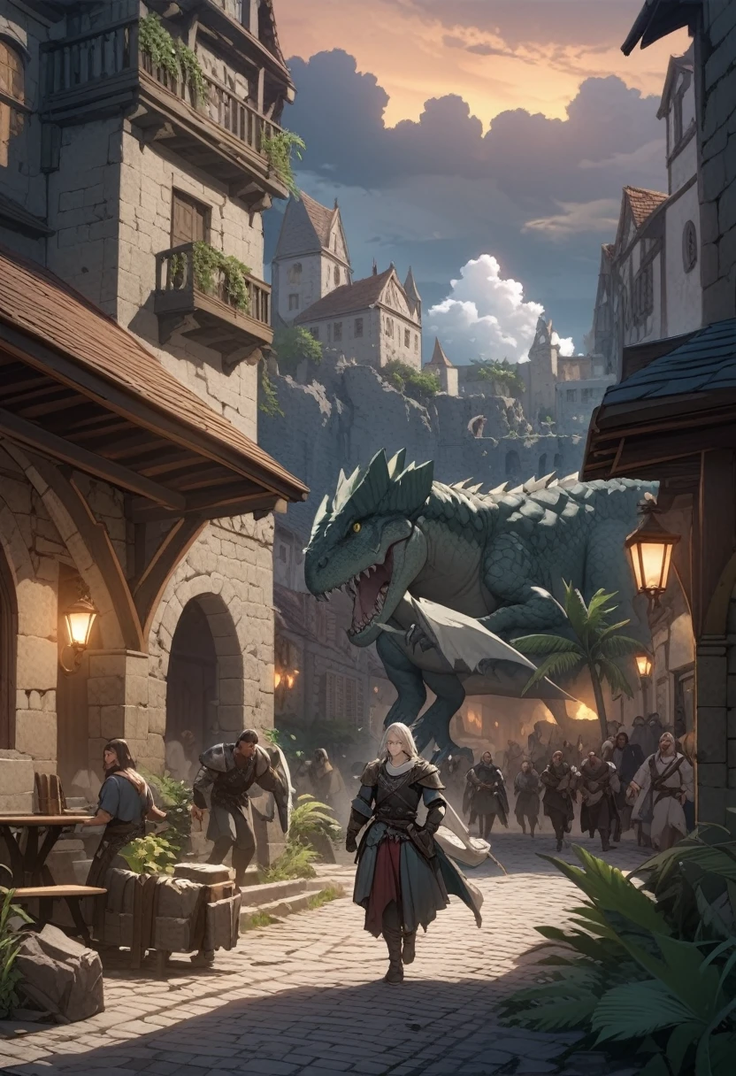 (masterpiece), (highest quality), attacked by white dinosaur monster, night, buildings ruins, debris, rubble, Battlefield Background, Best quality, masterpiece, large dinosaur monster with white scales and golden eyes and spikes, medieval coastal town, palm trees, courtyard, bench, cobblestone, ferns, outdoors, tropical, clouds,teal buildings, white steps, fence, road, fleeing people, thunderhead clouds, dusk,