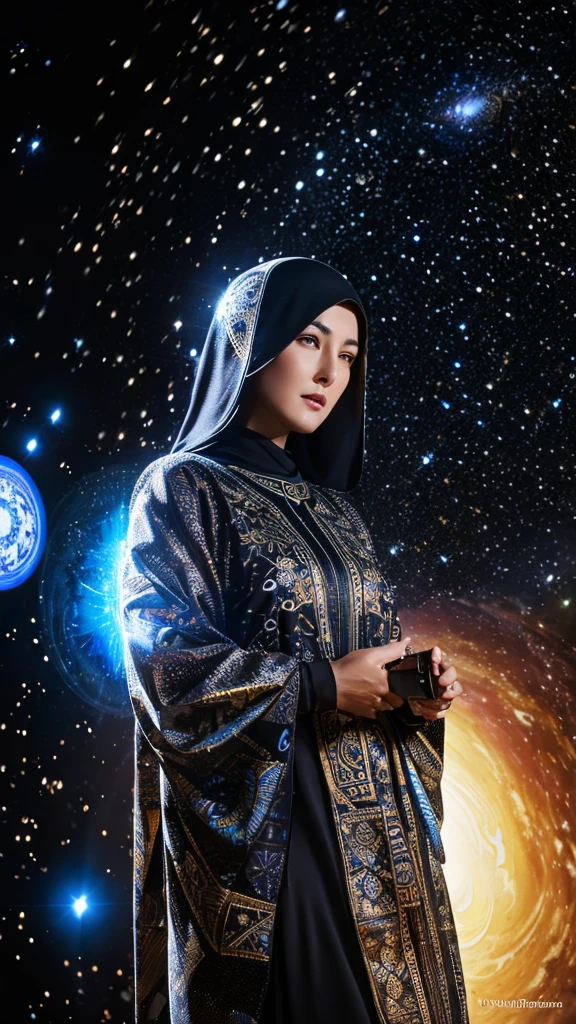 Monica bellucci as Goddess of Cosmic, most perfect beauty, Special java empire fury elite task force lady, clad in black and cosmic Batik futuristic virtual cosmic astronaut armor, with ancient kingdom of traditional java ethnic ornament, 8k HD ultra, ultra detail, realistic, trending on artstation.