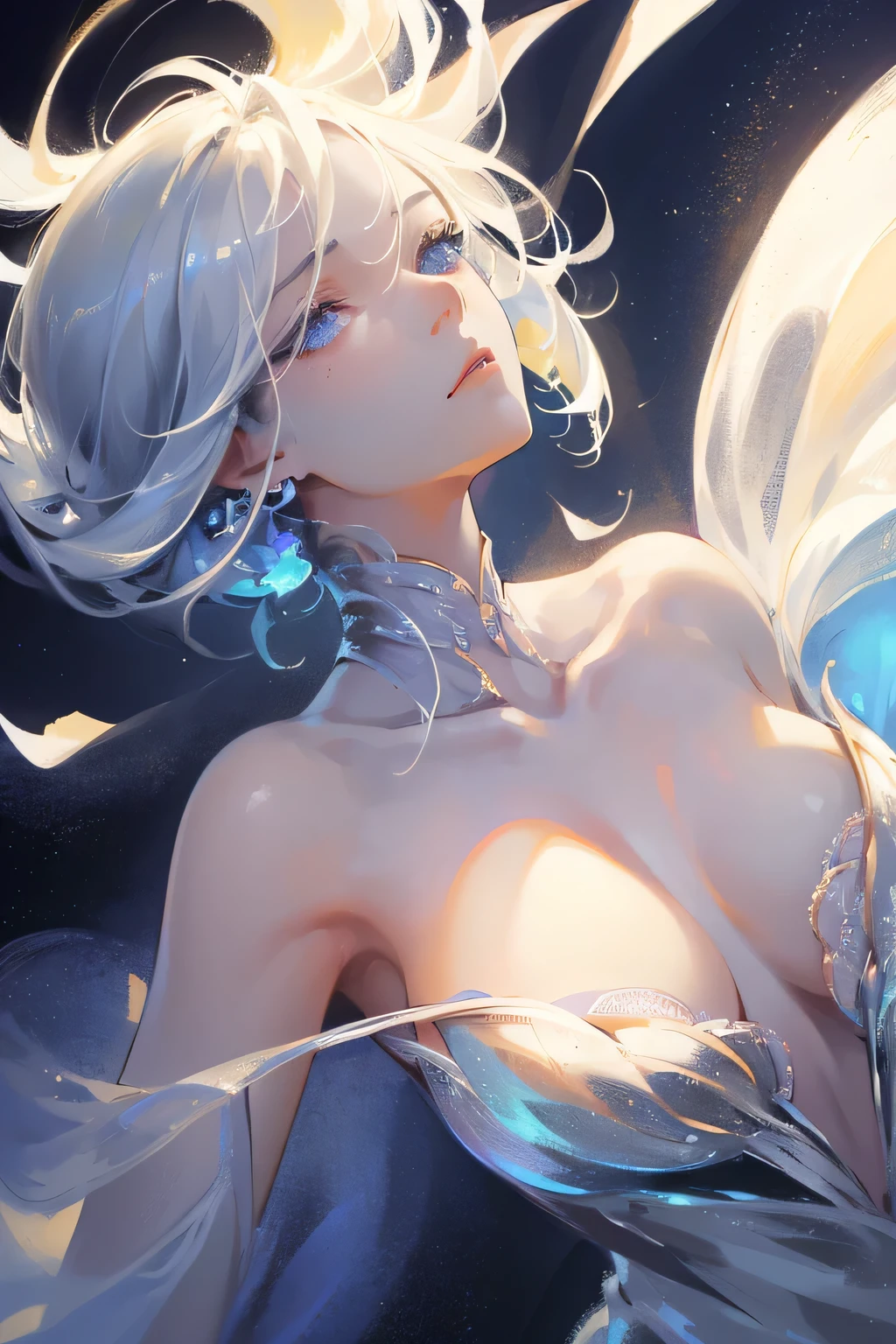 (Close-up image:1.4)((masterpiece:1.5,Highest quality,Beautiful images、2.5D、Abstract、Artistic、Watercolor))(One girl, 独奏)(Cute Girls、large breasts, Gray Hair、short hair、Beautiful breasts、Beautiful breasts cleavage),(profile、Look at an angle、shake your head、Sad look, Floating Hair、Backlight)(Plain background:1.5)((Dynamic Angle:1.5)),camisole、See-through gown. ((from side))
