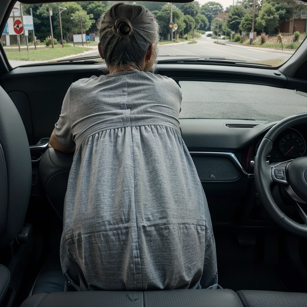 view from behind 55 year old mother in the front passenger seat of the car, she turns to the back seat with her head in the center of the car, 55 year old man on the driver's side gray hair is driving and looks at the road