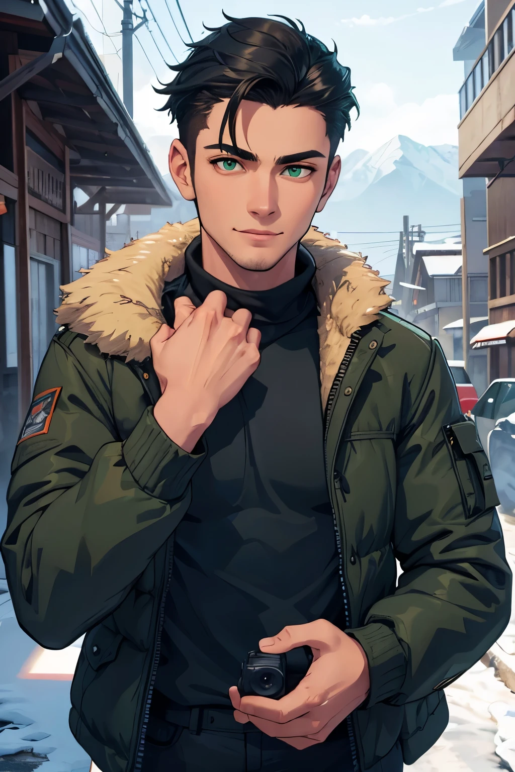 1 handsome young man in his early 20s, green eyes, detailed eyes, olive skin, mid length black hair combed to one side, playful fanged smile, tall, athletic body, black winter jacket, cargo pants, winter lounge, snowy mountain (best quality,8k,highres,masterpiece:1.2),ultra-detailed,(realistic,photorealistic,photo-realistic:1.37),portrait,studio lighting,sharp focus,physically-based rendering,vivid colors,cold lighting