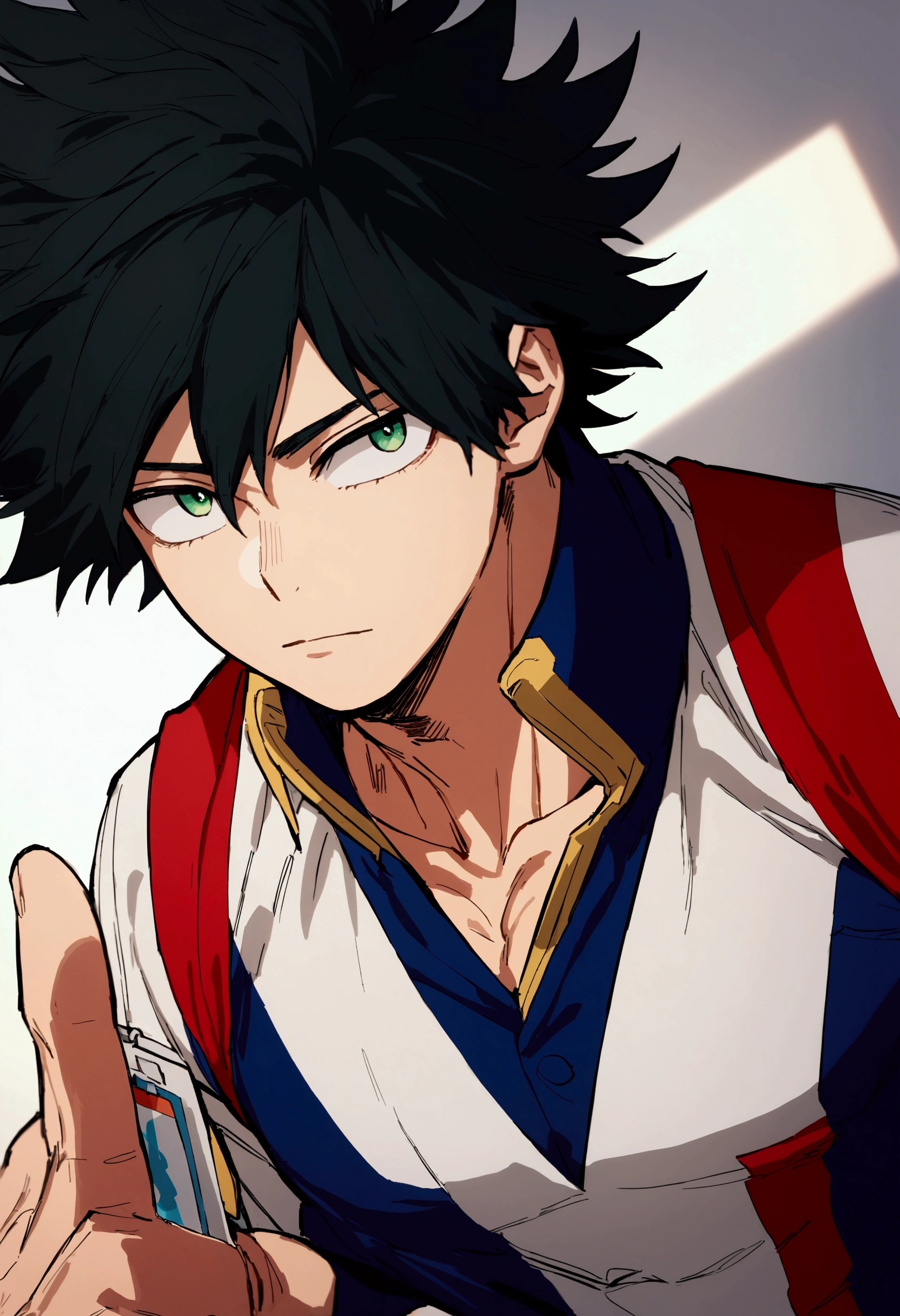 He is a 17 year old teenager, He has slightly disheveled very black hair..., somewhat light green eyes, (front angle ), (Student id card my hero academy)  , muscular body , He is dressed in the anime uniform. "my hero academia"