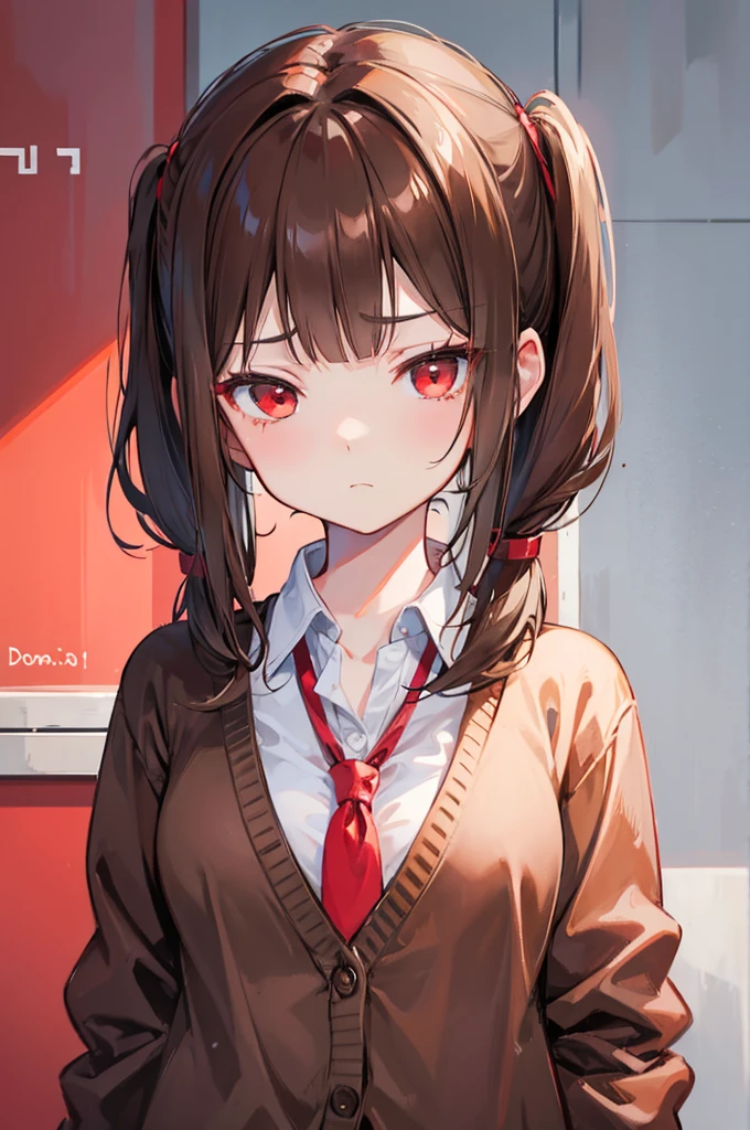 brown hair, short twintail, miss, portrait, Cardigan, pretty girl, Grumpy, red eyes, Dodoham, small breasts, half closed eyes
