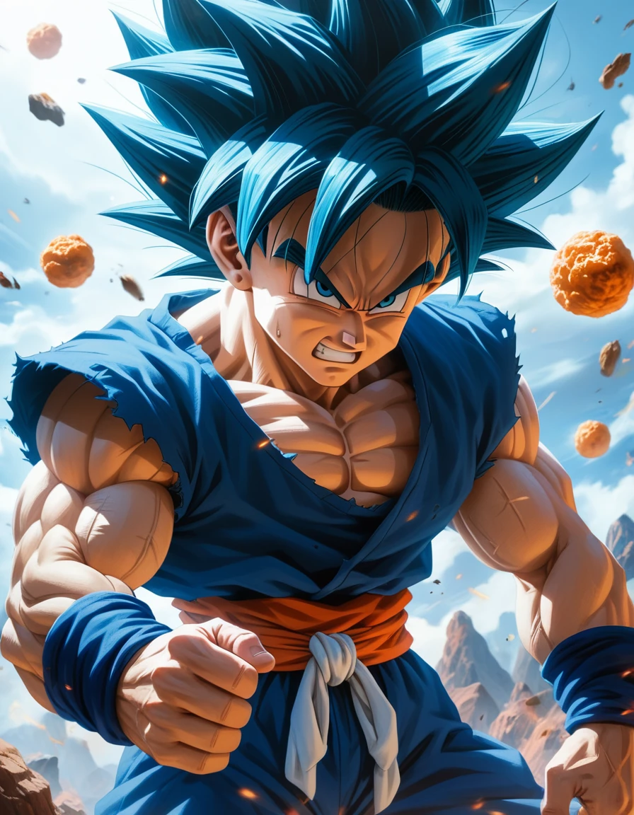 a cartoon of a young goku with blue hair and blue eyes, an anime drawing by Okada Beisanjin, trending on Artstation, sōsaku made, Super Saiyan Blue, Badass anime 8 K, character dragonball, anime style 4 k, Son Goku, hd wallpaper, goku from dragon ball, human goku, 4 k manga wallpaper