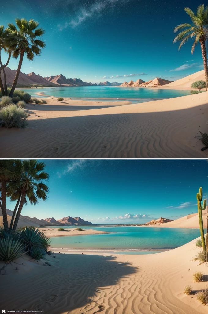 Draw a landscape of an enchanted desert, where golden sand dunes stretch to the horizon. Crystal trees grow sparsely, reflecting sunlight like colorful prisms. in the middle of the desert, there is a magical oasis with turquoise waters and exotic plants. in the sky, three moons of different sizes and colors shine brightly, creating a surreal and magical atmosphere.
