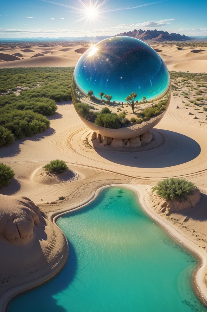 Draw a landscape of an enchanted desert, where golden sand dunes stretch to the horizon. Crystal trees grow sparsely, reflecting sunlight like colorful prisms. in the middle of the desert, there is a magical oasis with turquoise waters and exotic plants. in the sky, three moons of different sizes and colors shine brightly, creating a surreal and magical atmosphere.