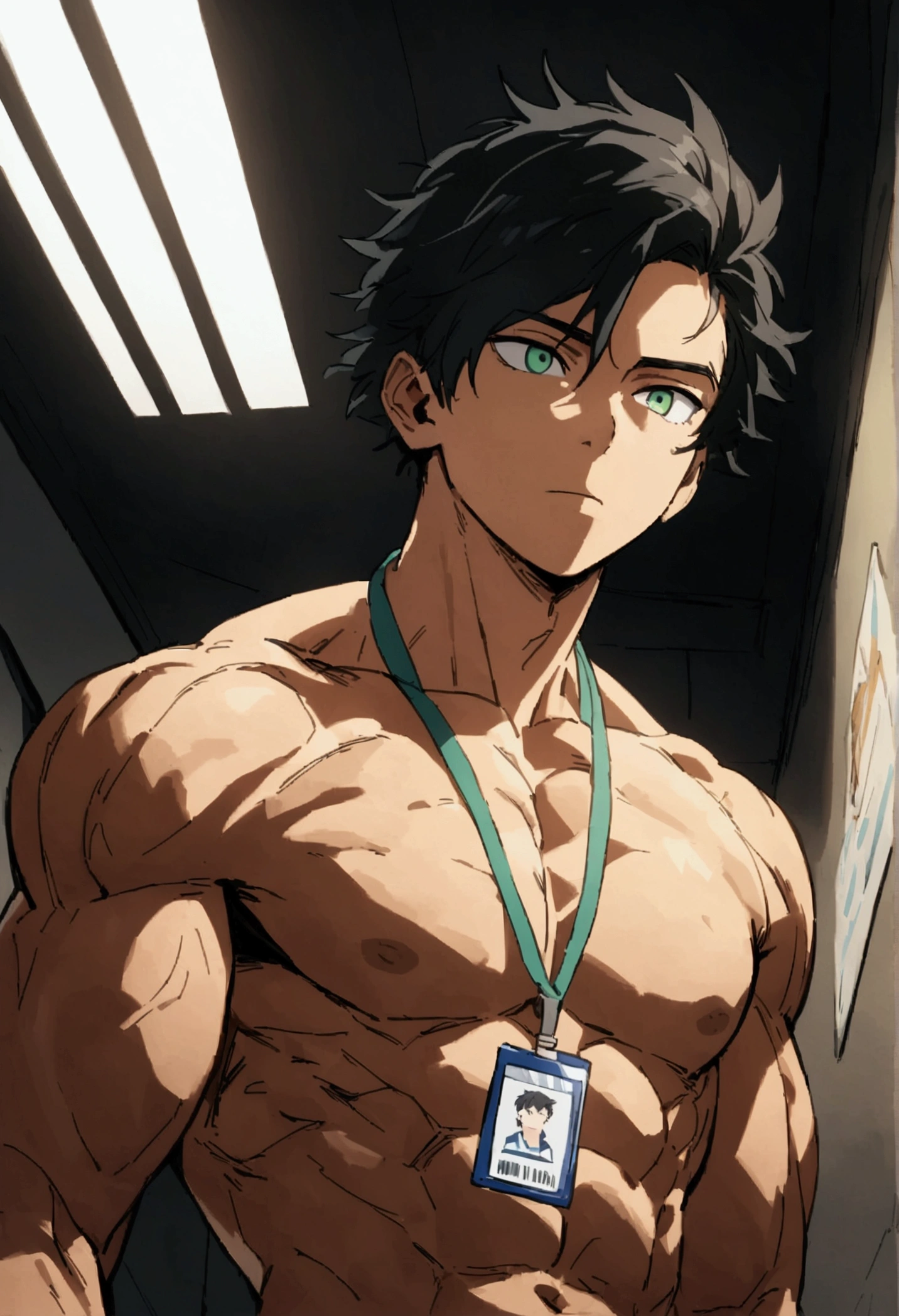 He is a 17 year old teenager, He has slightly disheveled very black hair..., somewhat light green eyes, (front angle ), (Student id card my hero academy)  , muscular body , shirtless