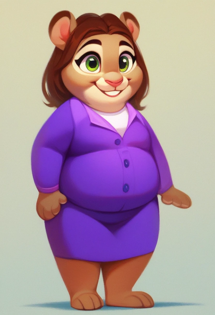 judy, solo, smile, brown hair, shirt, 1girl, standing, full body, chubby, green eyes, purple jacket on top of a white shirt, purple skirt, purple shirt
