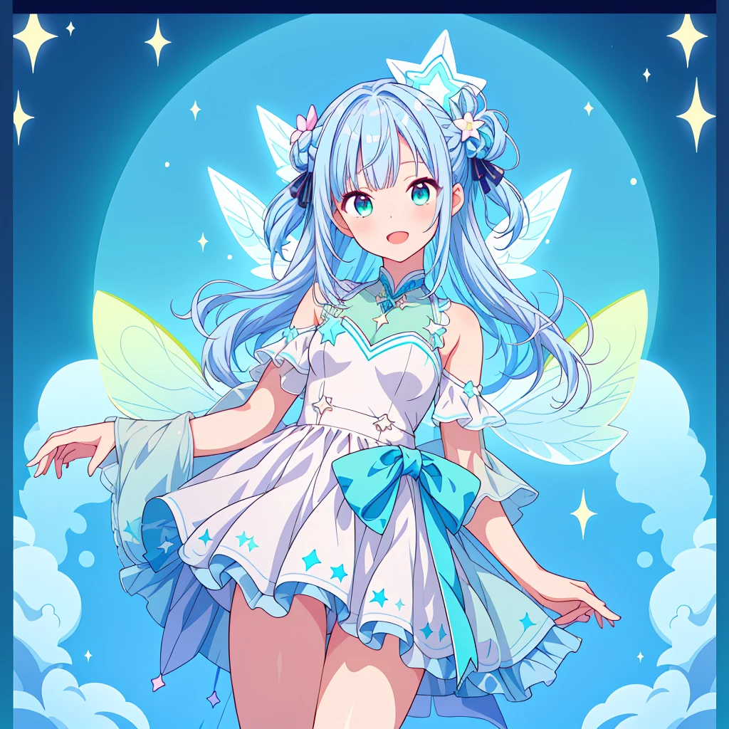 1girl、Star Fairy、Star incarnation、Character design front view、A picture facing the viewer、(((Super detailed、Highest quality、Masterpiece)))、Original cute hairstyle、Milky white and blue hair color、Simple Green Background、vtuber-fullbody,Original cute clothes in jet black and magenta、