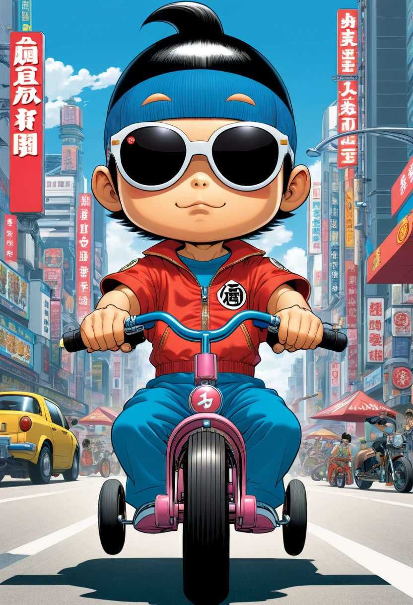 An Akira Toriyama-inspired character design: a  with a bob haircut and shaved back, donning sunglasses, dressed in a one-piece, and riding a tricycle.
