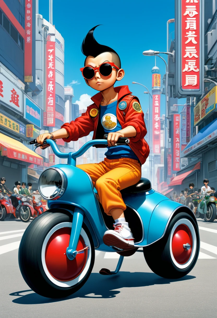 An Akira Toriyama-inspired character design: a with a bob haircut and shaved back, donning sunglasses, dressed in a one-piece, and riding a tricycle.