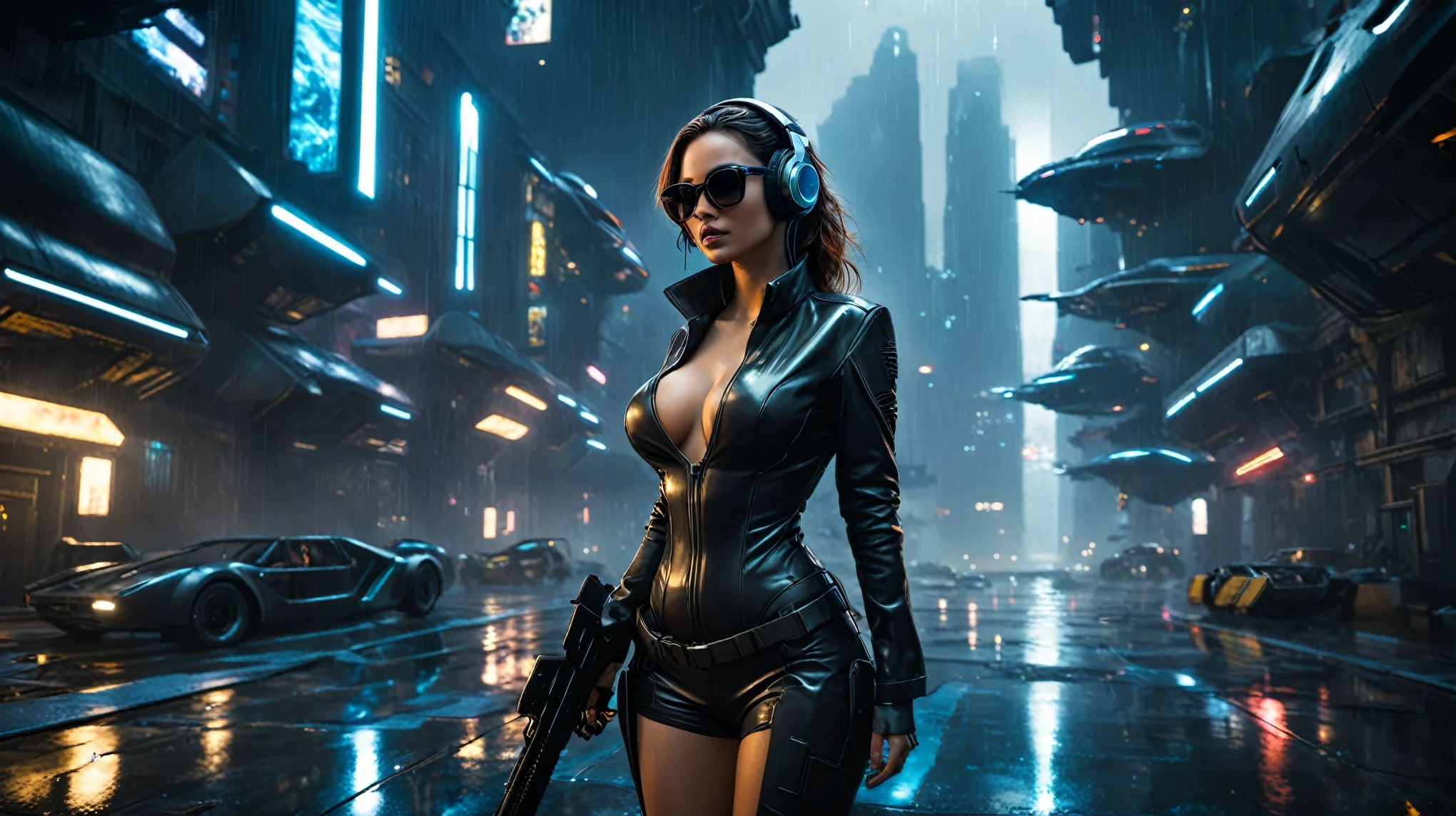 (aerial view, a flying cars docking platform, a very dark abandoned futuristic city), rainy night. (((1girl, solo, alone))), large-breast:1.2 slim body, cleavage:1.1, sexy mechanic suit, (((headphone, black sunglasses, standing and holding pistol:1.8, dynamic rushing pose))), (((((half-body thigh level medium shot))))), cinematic lighting, lens flare, ray tracing.