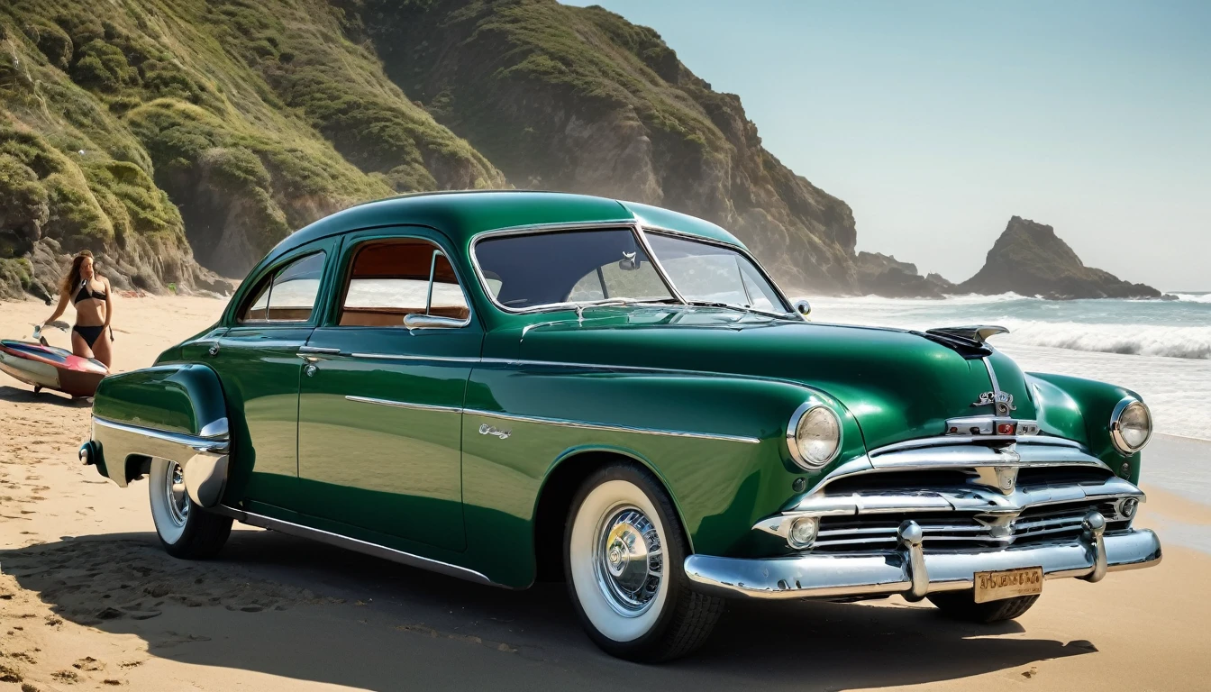 ((A realistic photo of a 1952 Dodge Kingsway Custom)),British Racing Green color with chrome mag wheels, parked at a surf beach on a summers day, best quality, very hi definition, 8k, Surfboards and bikini Girls standing next to the car, a 1950s poster,