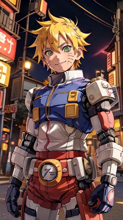 (8k),(masterpiece),(Japanese),(8-year-old boy),((innocent look)),((Childish)),From the front,smile,cute,Innocent,Kind eyes,Flat chest, Uzumaki Naruto,mecha,camisa,Yellow Hair,Strong wind,night,dark, Neon light cyberpunk Konoha village