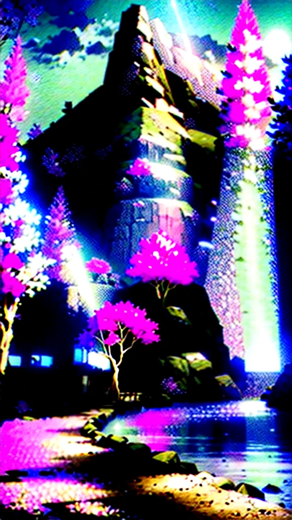 an amazing pink tree on a rock on the beach, in the style of realistic representation of light, walkway, Faith-inspired art, Abandoned spaces, scenes full of light, immersive environments, flower and nature motifs --ar 14:25