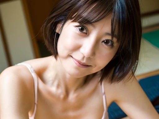 masterpiece, high quality, High resolution, 8k, Skinny Japanese Wife, 40 years old, Cute Face, Detailed face, Detailed eyes, short hair, Very small breasts, Narrow waist, Photos capturing sexy moments from married life, 