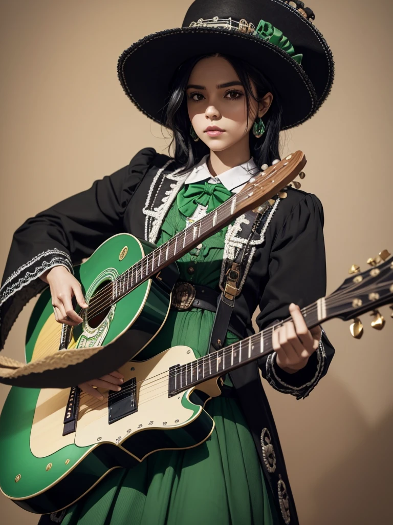 Make a skull, take care of the detail in the bones, dry, crea una combinacion de ropa de dry y mariachi, green clothing color, dessert details on the hat, black hair, generates a big hat, place a guitar, do not multiply the instrument 