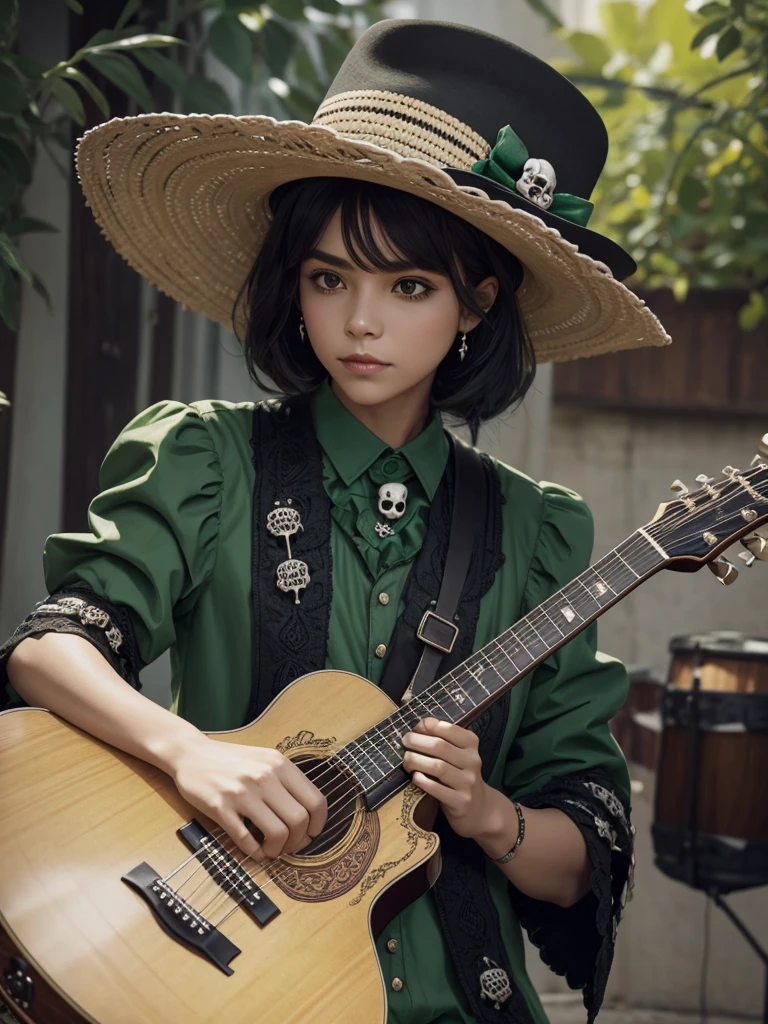 Make a skull, take care of the detail in the bones, dry, crea una combinacion de ropa de dry y mariachi, green clothing color, dessert details on the hat, black hair, generates a big hat, place a guitar, do not multiply the instrument