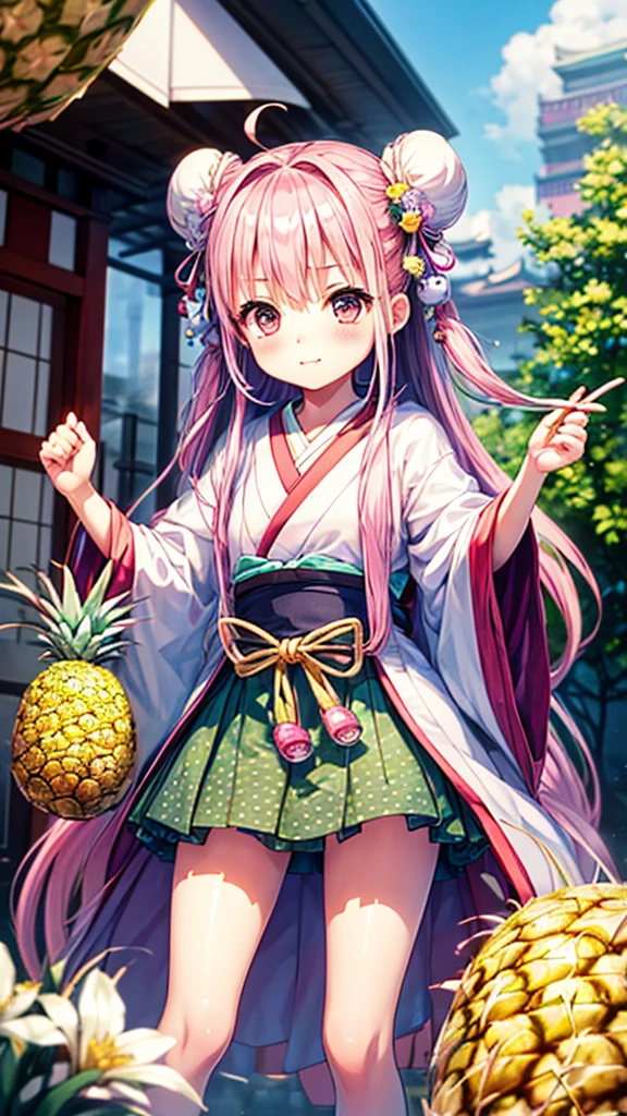 ((masterpiece))、(((Highest quality)))、((Super detailed))、((An illustration))、Attention to detail、Very detailed CG unity 8k、High resolution、美しいAttention to detail目、Attention to detail、美しいAttention to detail目,(Chibi Animation、another world、Drawn with crayons:1.3)、(Very detailed,Highest quality, masterpiece,High resolution、Confused、Perfect Anatomy:1.3),(Chibi Body、Small face、Overall cute、(Hair Ribbon:0.4), Pink Eyes,(((White bun hair))),(((Long pink hair)))、 :3, Ahoge, Symbol-shaped pupil、Very slim legs)、(Flowers that bloom in summer、Big fresh pineapple:1.4),(Wonderful cityscape、Miracle Morning:1.3)、(healthy、Cute short uniform、Polka dot pattern、Cute ribbon:1.5),(Japanese architecture,With eyes wide open:1.3)