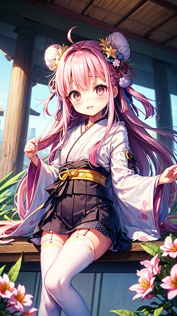 ((masterpiece))、(((Highest quality)))、((Super detailed))、((An illustration))、Attention to detail、Very detailed CG unity 8k、High resolution、美しいAttention to detail目、Attention to detail、美しいAttention to detail目,(Chibi Animation、another world、Drawn with crayons:1.3)、(Very detailed,Highest quality, masterpiece，High resolution、Confused、Perfect Anatomy:1.3),(Chibi Body、Small face、Overall cute、(Hair Ribbon:0.4), Pink Eyes,(((White bun hair))),(((Long pink hair)))、 :3, Ahoge, Symbol-shaped pupil、Very slim legs)、(Flowers that bloom in summer、Big fresh pineapple:1.4),(Wonderful cityscape、Miracle Morning:1.3)、(healthy、Cute short uniform、Polka dot pattern、Cute ribbon:1.5),(Japanese architecture,With eyes wide open:1.3)