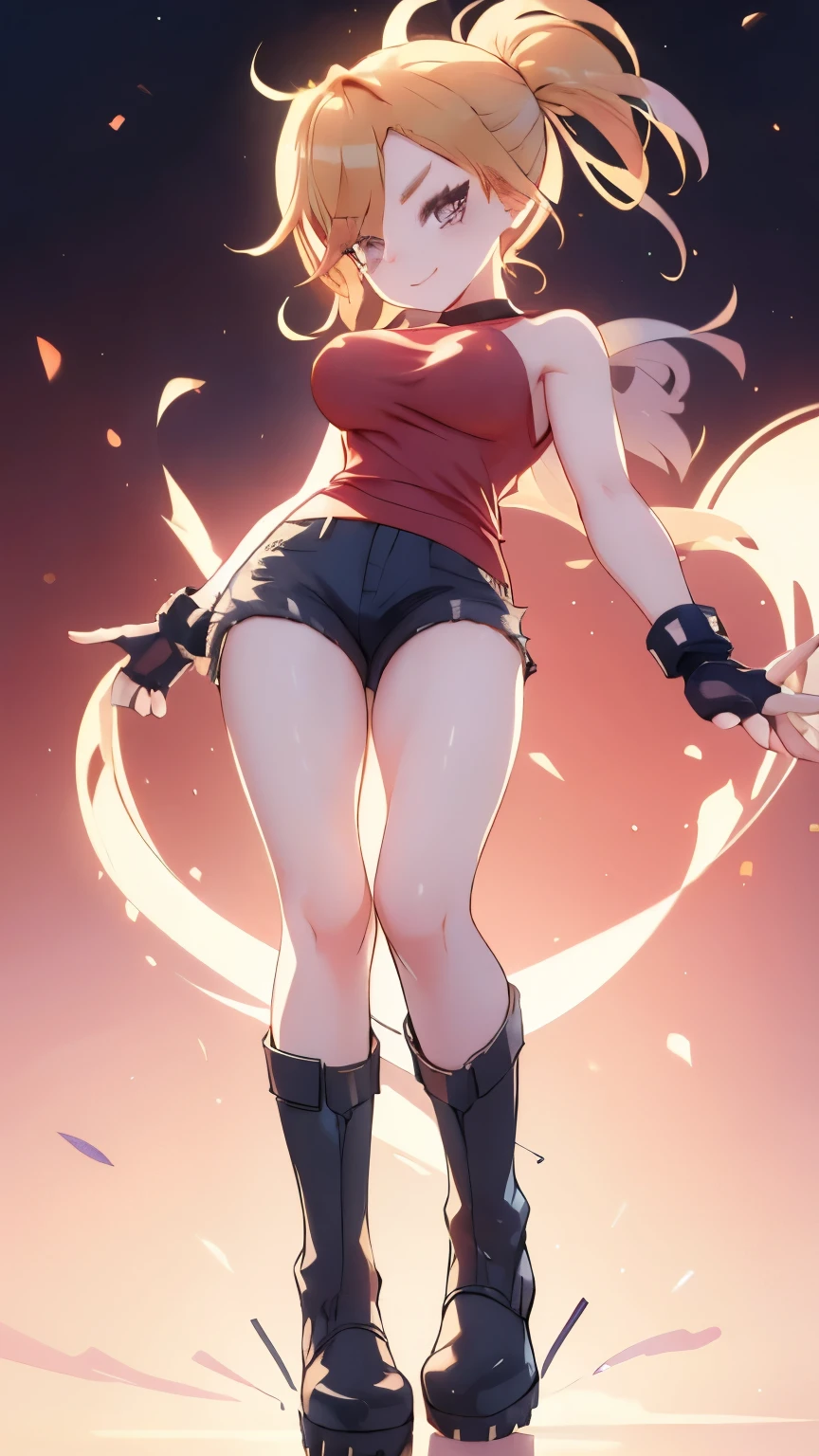 (best quality:1.2),solo,1girl,mdrin,smile,looking at viewer ,lovely pose, ponytail,v-shaped eyebrows,red shirt, fingerless gloves,black shorts , garden background, warm color tones,soft lighting, Hair over one eye, ultra long hair, standing on hooftop, long boots, long ponytail, blonde 