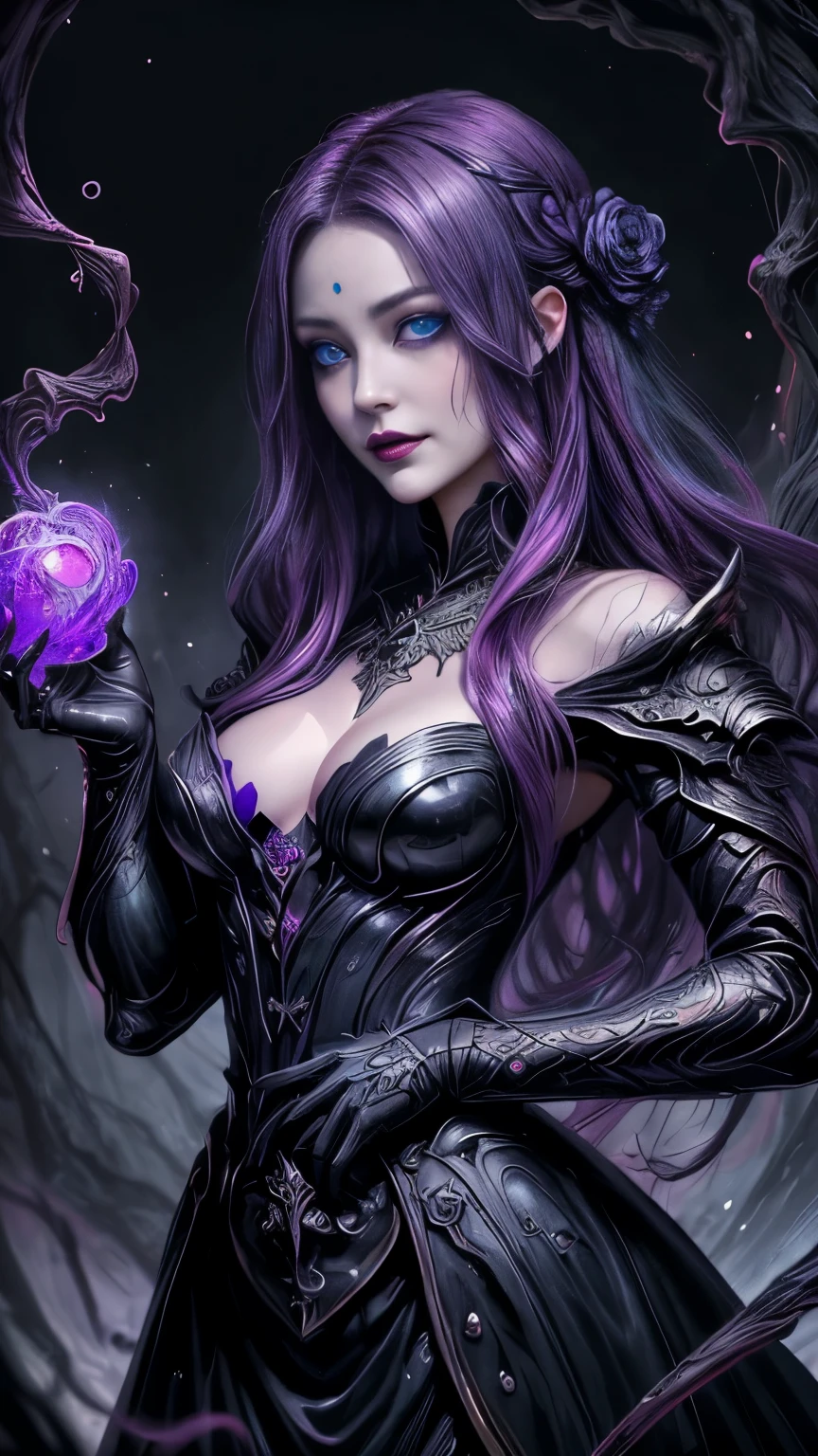 強力なスーパーevil女がクローズアップでポーズをとる, Black Goddess (Exposing shoulders), length, Flowing purple hair, View your audience, Highly detailed face, Perfect hands, Blue smoke swirling around her, evil事を愛する, Captivating blue eyes, Dark fantasy,  ， realistic girl rendering, 8k artistic german bokeh, Enchanting girl, Real Girls, Gurwitz, Gurwitz-style artwork, Girl Roleplay, Realistic 3D style, cgstation Popular Topics,, 8K Portrait Rendering,（truth，truth：1.4）、Genuine, Symmetric, Attention to detail, Esoteric arachnids lady, Spider Queen Elise, League of Legends, Esoteric arachnids, Combat Stance, ( The body is made with liquid metallic paints in metallic mauve and metallic black....、It beautifully depicts the female form....。), length, Sharp Fangs, nature, ((Complex metallic colors in the foreground)), (( Fluid Mechanics, The most beautiful smooth scale face makeup, Smirking expression)) - Dark blood, Onyxia、Noir painting of a beautiful young witch, length purple hair, dark purple lips, evil, evil女, smile, Black Prom Dress, She is coming to you, close, Bright Blue Eyes, Surrounded by swirling pink smoke, Genuine, Attention to detail, Highest quality