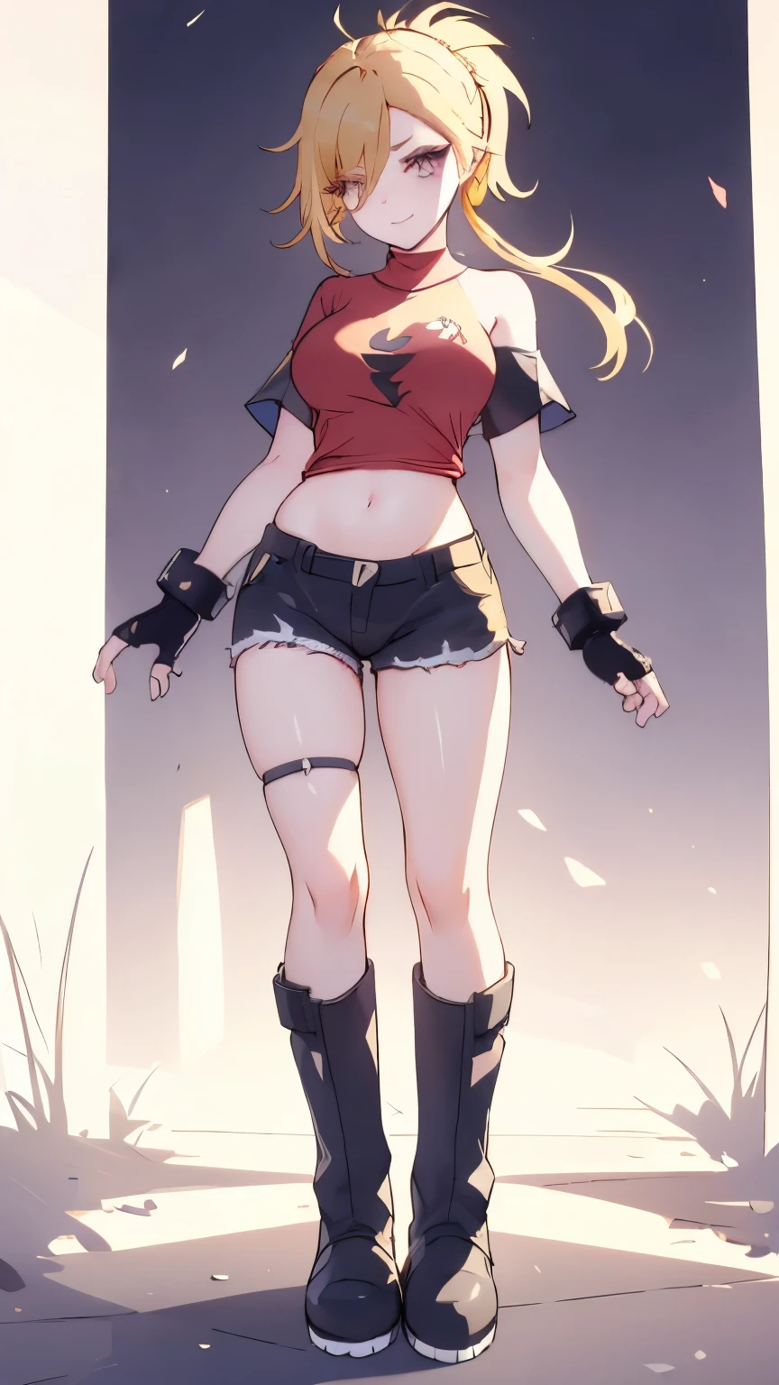 (best quality:1.2),solo,1girl,mdrin,smile,looking at viewer ,lovely pose, ponytail,v-shaped eyebrows,red shirt, fingerless gloves,black shorts , garden background, warm color tones,soft lighting, Hair over one eye, ultra long hair, standing on hooftop, long boots, long ponytail, blonde 