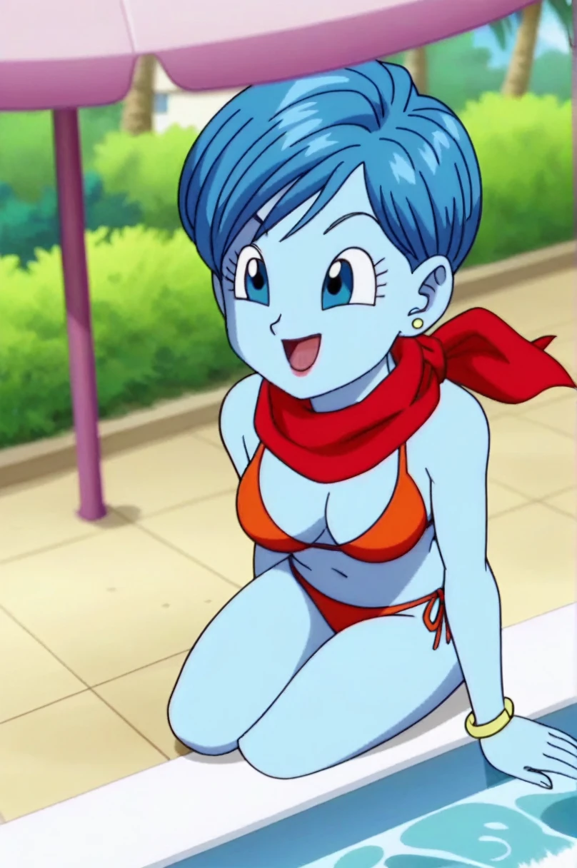 fountain_cheered up, score_9, score_8_above, score_7_above, cheered up screencap,8k, absurd resolution,
BULMA, 1 girl, Alone, old, SMILE, short hair, bowl cut, nose, Open mouth, Blue eyes, neckline, jewelry, medium old, blue fur, aboveper body, :d, earrings, outdoor, sky, day, cloud, blurred, tree, blue sky, red scarf, palm tree, Official style, cheered up coloring, portrait, medium breasts, tits, medium ass, sexy, Wide hips, Bikini, showing the ass