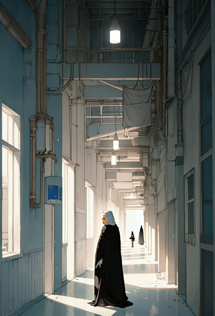 ((the girl is wearing a simple white hijab)), long hijab, ((she is wearing a very long simple white loose abaya)), the abaya has long sleeves, ((extremely long abaya)), long veil, back view, back view, he was in a narrow, dark and winding corridor in a building, the building looked old and unkempt and messy, in the building there were many markets, in the corridor there were many shops lit by lights, there was a corridor road branches, one of which led to the outside. Outside, the blue clouds and white sky showed that the building he was in was on the top floor, XL more detail,Architectural100,clouds,scenery,sky,high saturation,extremely detailed