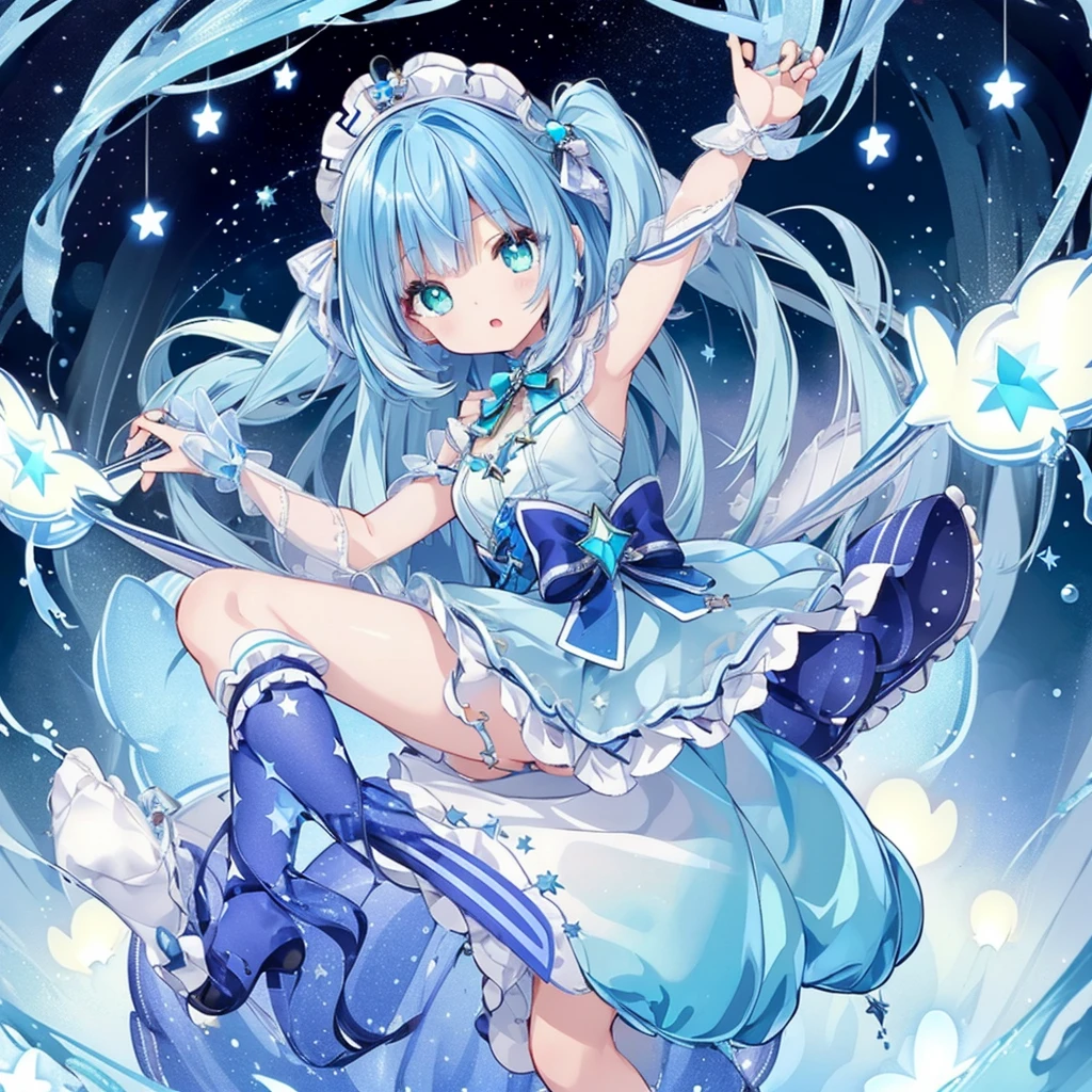 1girl、Star Fairy、Star incarnation、Character design front view、A picture facing the viewer、(((Super detailed、Highest quality、Masterpiece)))、Original cute hairstyle、Milky white and blue hair color、Simple Green Background、vtuber-fullbody,Original cute clothes in jet black and magenta、