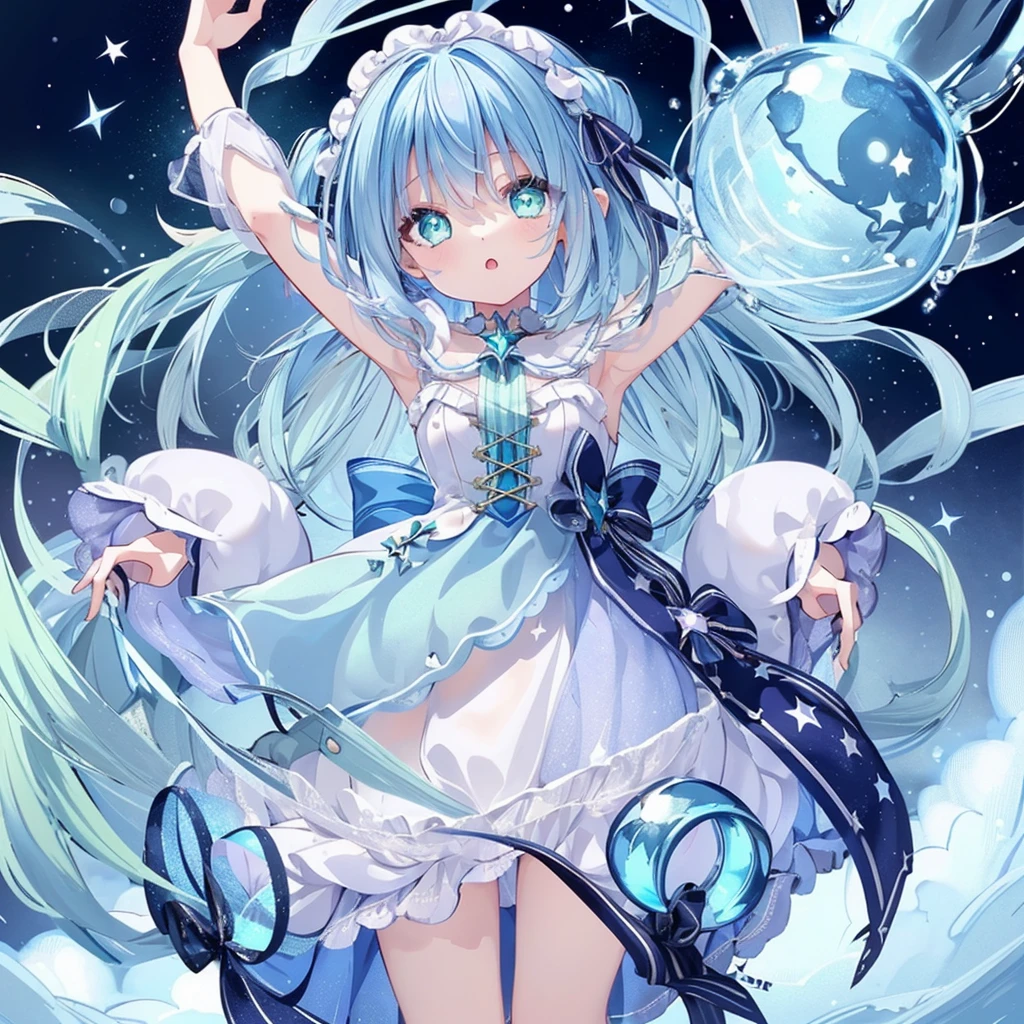 1girl、Star Fairy、Star incarnation、Character design front view、A picture facing the viewer、(((Super detailed、Highest quality、Masterpiece)))、Original cute hairstyle、Milky white and blue hair color、Simple Green Background、vtuber-fullbody,Original cute clothes in jet black and magenta、