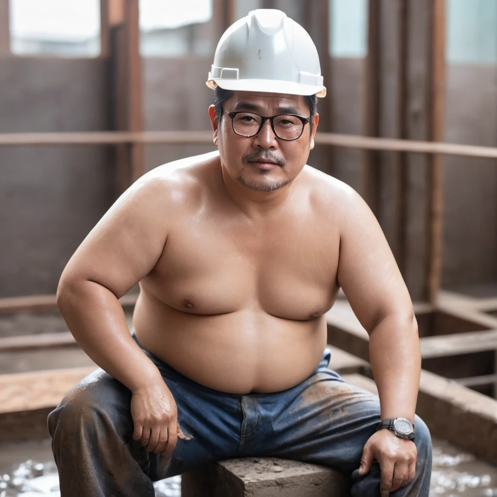 Male, Fat, Chubby, Asian, 50 years old, working in construction, Sitting, Working, Stained, Dirty, Wet, eye glasses, not wearing a shirt, Shirtless, wearing a safety hat, Top view, Look up.