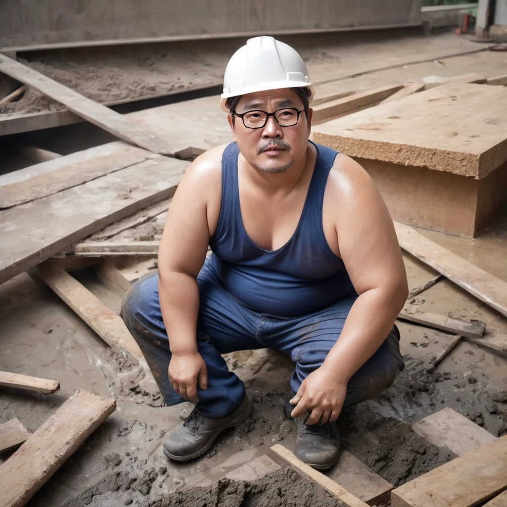 Male, Fat, Chubby, Asian, 50 years old, working in construction, Sitting, Working, Stained, Dirty, Wet, eye glasses, not wearing a shirt, Shirtless, wearing a safety hat, Top view, Look up.