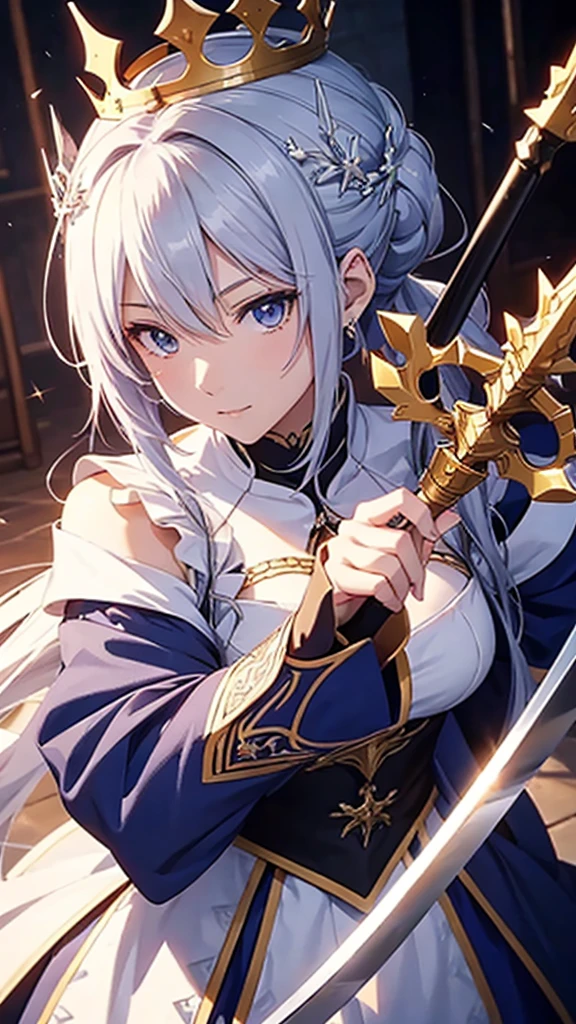 a close-up of a woman with a crown holding a sword, an anime drawing inspired by Li Chevalier, pixiv, Fantasyart, artoria pendragon, Destiny grand order, Destiny / stay overnight, she is holding a sword, anime style like Destiny/stay overnight, capa de light novel épica, female protagonist 👀 :8, detailed key anime art