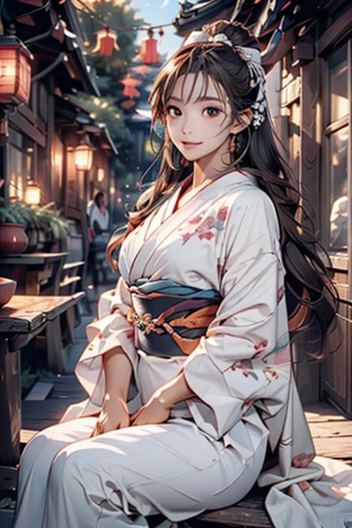 (Official Art、Highest quality、Unity 8k wallpaper、32K、masterpiece、Ultra-detailed、Ultra-high resolution、Oil painting style:1.2)、Slender、Ample breasts、(whole body:1.2)、Highly detailed background、Realistic students、Sharp pupils、Blurred Background、Beautiful girl in yukata、(Highly detailed face and eyes、Beautiful Face、Highly detailed skin、Detailed skin texture:1.3)、Japanese garden、Cowboy Shot、Sitting on the porch、moon明かり、空に浮かぶ満moon、moon、dumpling、Autumn scenery、