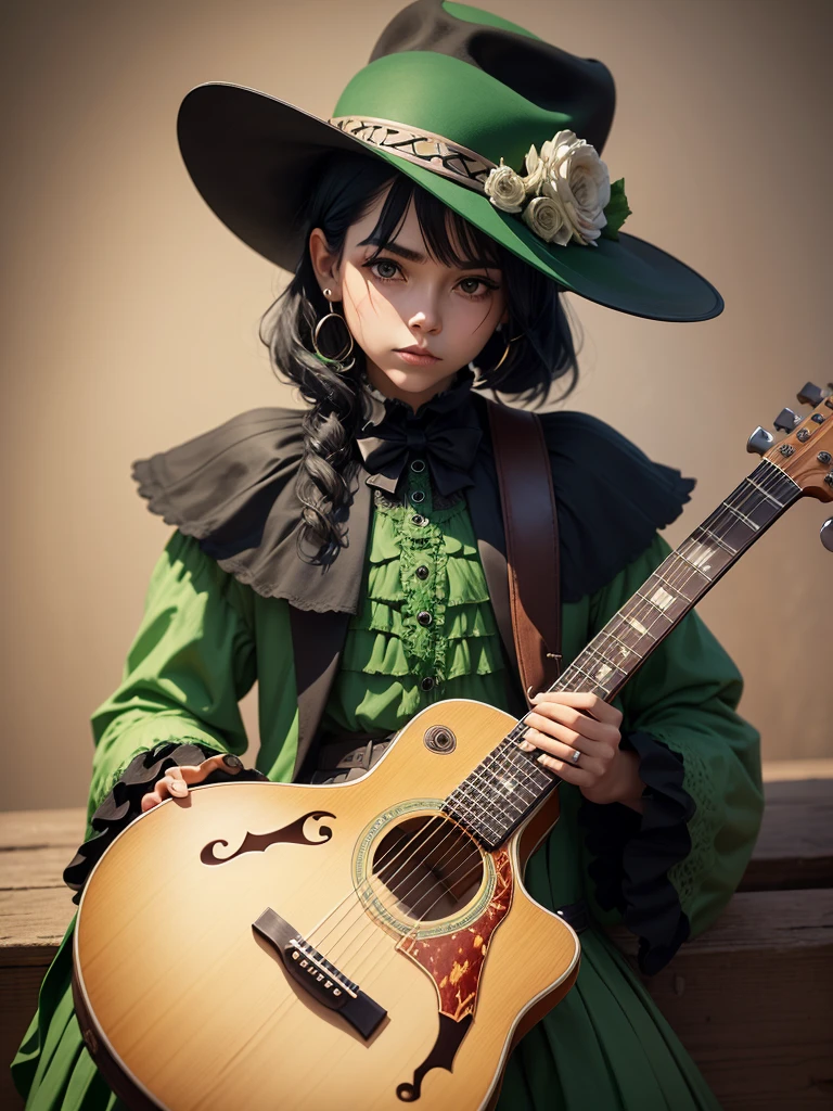 Make a skull, take care of the detail in the bones, dry, crea una combinacion de ropa de dry y mariachi, green clothing color, dessert details on the hat, black hair, generates a big hat, place a guitar, do not multiply the instrument 