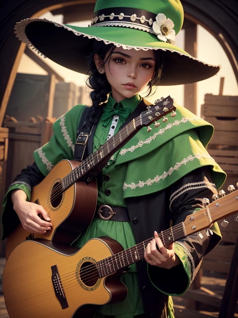 Make a skull, take care of the detail in the bones, dry, crea una combinacion de ropa de dry y mariachi, green clothing color, dessert details on the hat, black hair, generates a big hat, place a guitar, do not multiply the instrument