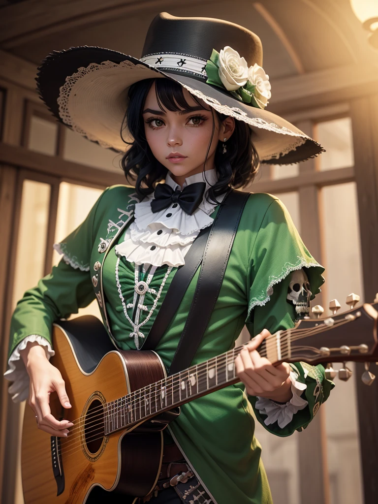 Make a skull, take care of the detail in the bones, dry, crea una combinacion de ropa de dry y mariachi, green clothing color, dessert details on the hat, black hair, generates a big hat, place a guitar, do not multiply the instrument 