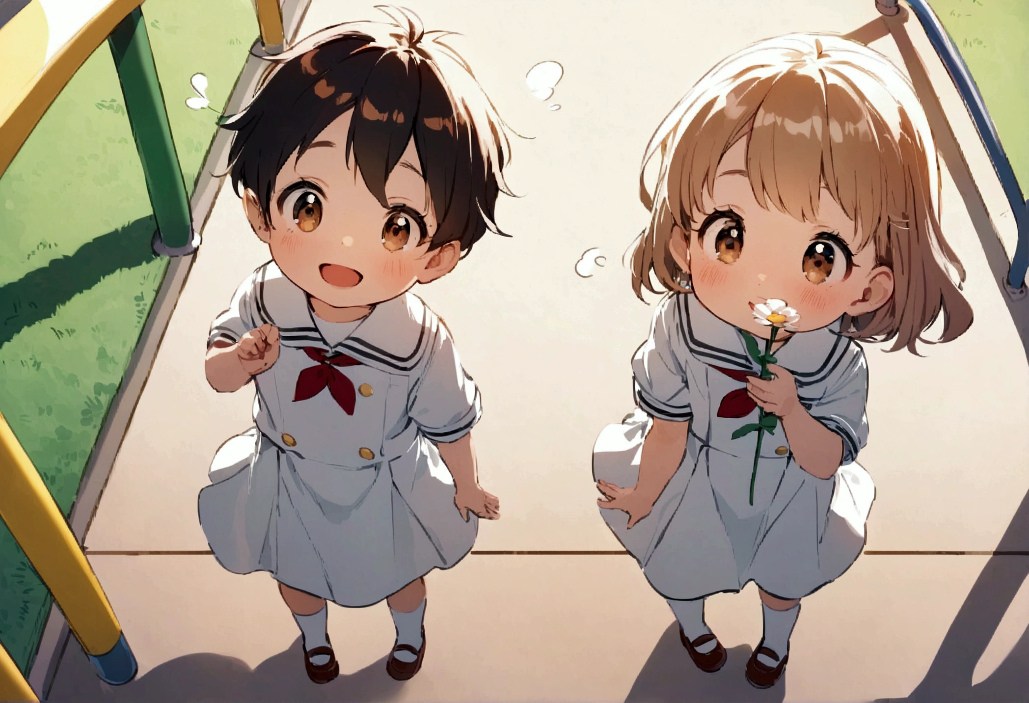 Candid. 2 children wearing white sailor Pre-School uniform, happy face, gossiping with his friends, holding flower, wearing shoes. In kindergar