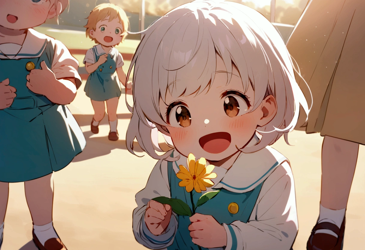 Candid. 2 years old children wearing white sailor Pre-School uniform, happy face, gossiping with his friends, holding flower, wearing shoes. In kindergarten playground.