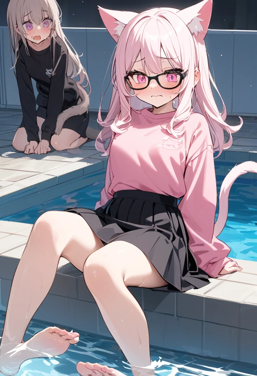 The twin sisters have white pink hair, cat ears, A good, my face is super red, black glasses, pink eyes a big pink sweatshirt, a black skirt a cat tail, a woman. very shy sitting in a pool her feet are inside