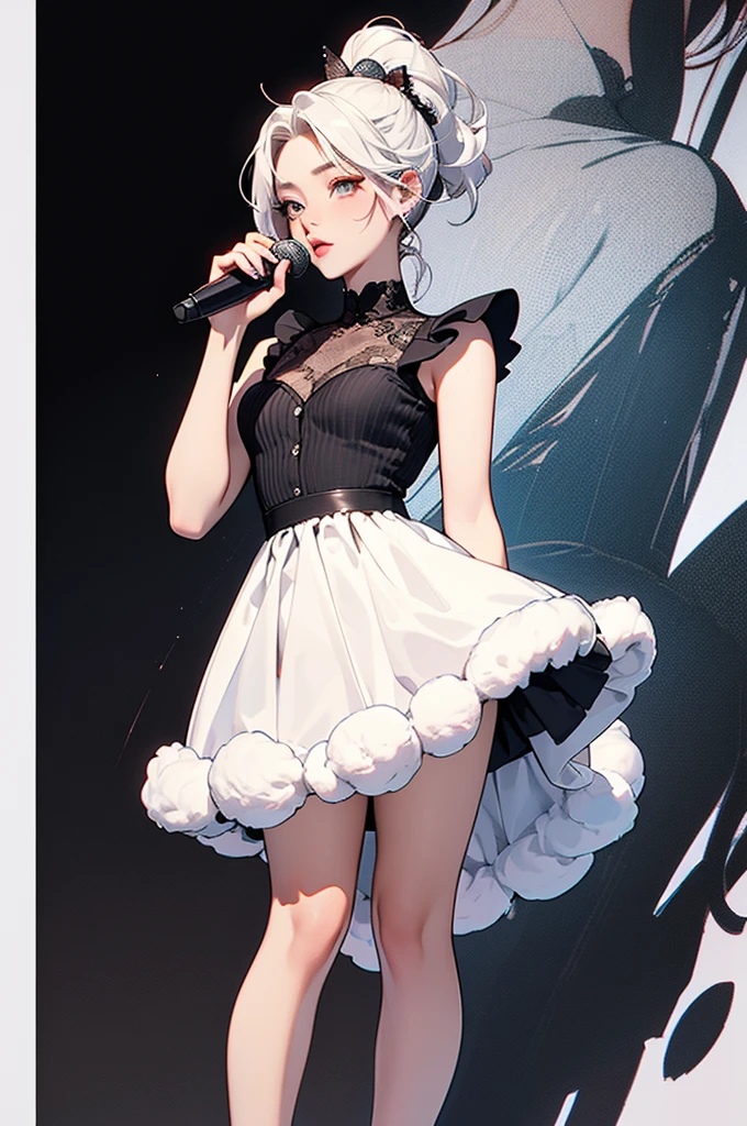 ((masterpiece, high quality, best quality, 8K, wallpaper, Thin lines, Very detailed, absurd)), A cute girl with double ponytails holding a microphone, wearing cat ear hair accessories, with a full figure, wearing a fluffy skirt, Leg rings, and white hair
