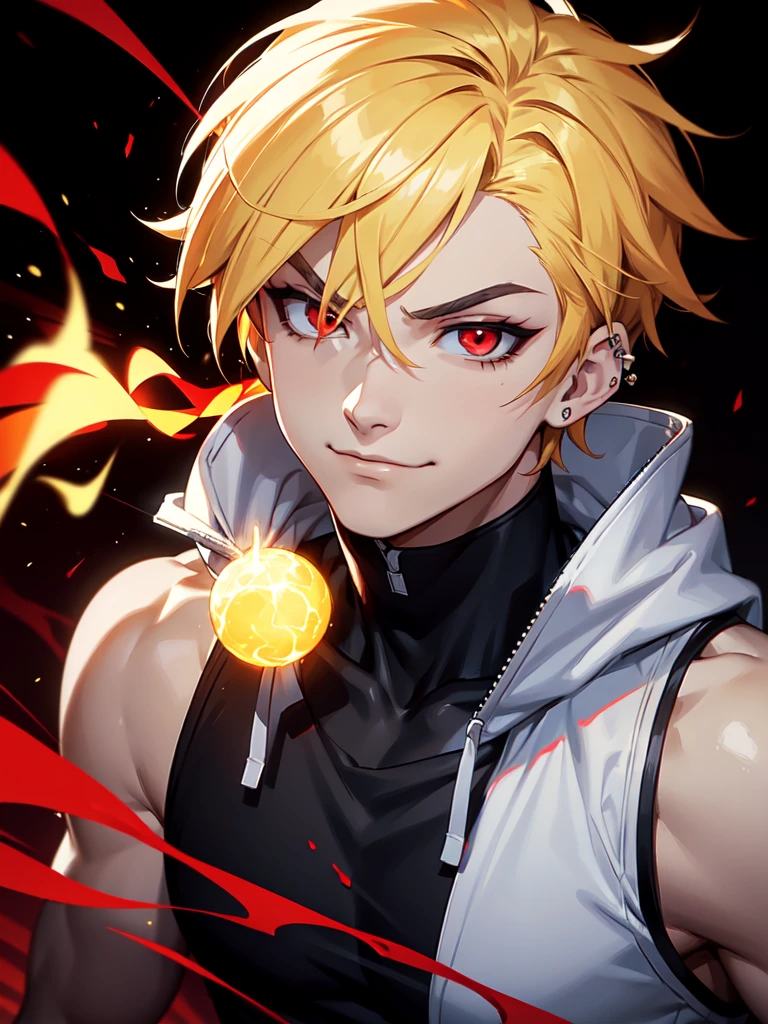 (((Portrait Photo))), He has a Vibrant and Energetic Appearance of a 15-Year-Old, with a Lean Build that Exudes Strength and Agility. His Short, Tousled Blonde Hair Adds to His Dynamic and Lively Aura. His Piercing Red Eyes are Filled with a Fierce Determination and Mischievous Spark, Drawing Attention with their Fiery Intensity. He is Dressed in a Sleeveless White Hoodie with Black Accents. His Confident Smirk and Powerful Stance Reflect His Bold and Adventurous Personality. (((High Quality, Dark Background))), (((Portrait Photo)))