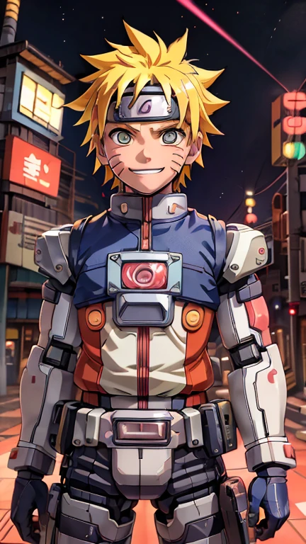 (8k),(masterpiece),(Japanese),(8--old ),((innocent look)),((Childish)),From the front,smile,cute,Innocent,Kind eyes,Flat chest, Uzumaki Naruto,mecha,camisa,Yellow Hair,Strong wind,night,dark, Neon light cyberpunk Konoha village