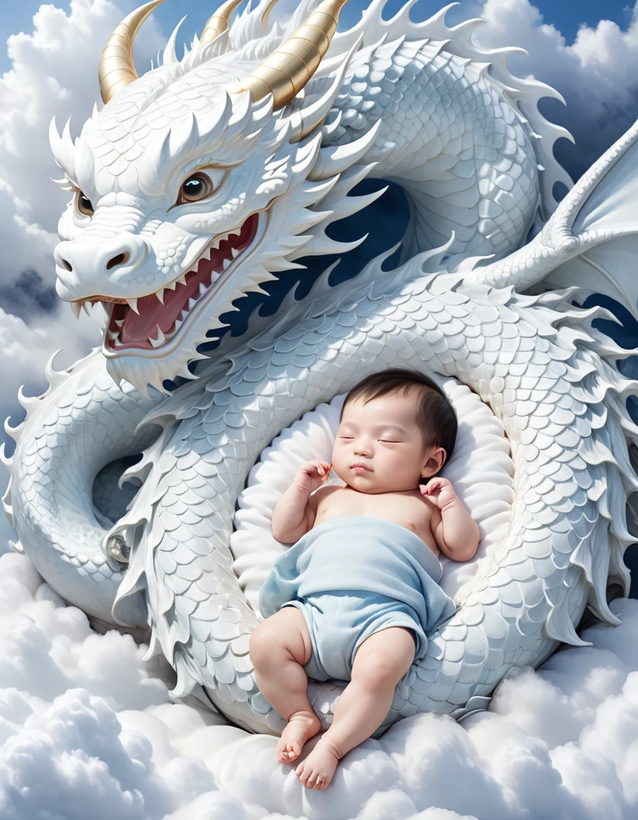 A 3 month-old Chinese baby boy,charming, round face,Sleeping on the white dragon bed, Zhu Lians realistic paintings, Shutterstock Contest Winners, fantasy art, a dragon made of clouds, Chinese fantasy, Lying in Baiyun Wonderland，lens, style, Intricate and refined details, high quality，china boy,8K resolution, Fantasy illustrations, Close up, golden age illustrations