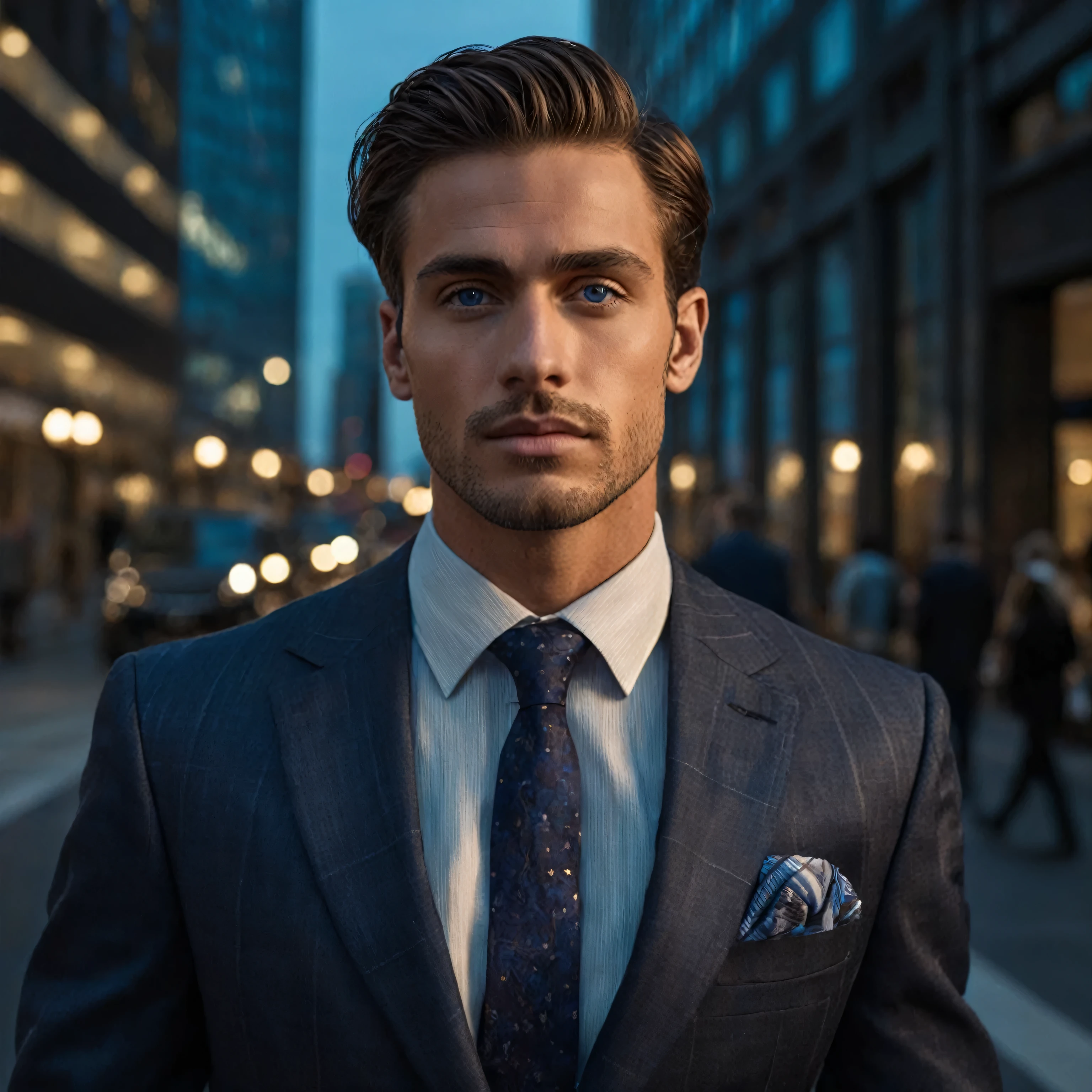arafed man in a Suit and tie standing on a city street, Suit , face perfect,blue colored eyes, chestnut hair, attractive man, handsome man, wearing a business Suit, wearing Suit, dressed in a Suit, wearing a Suit and a tie, wearing a Suit, tailored clothing, handsome man, Suit and tie, wearing business Suit, well dressed, wearing a Suit and tie